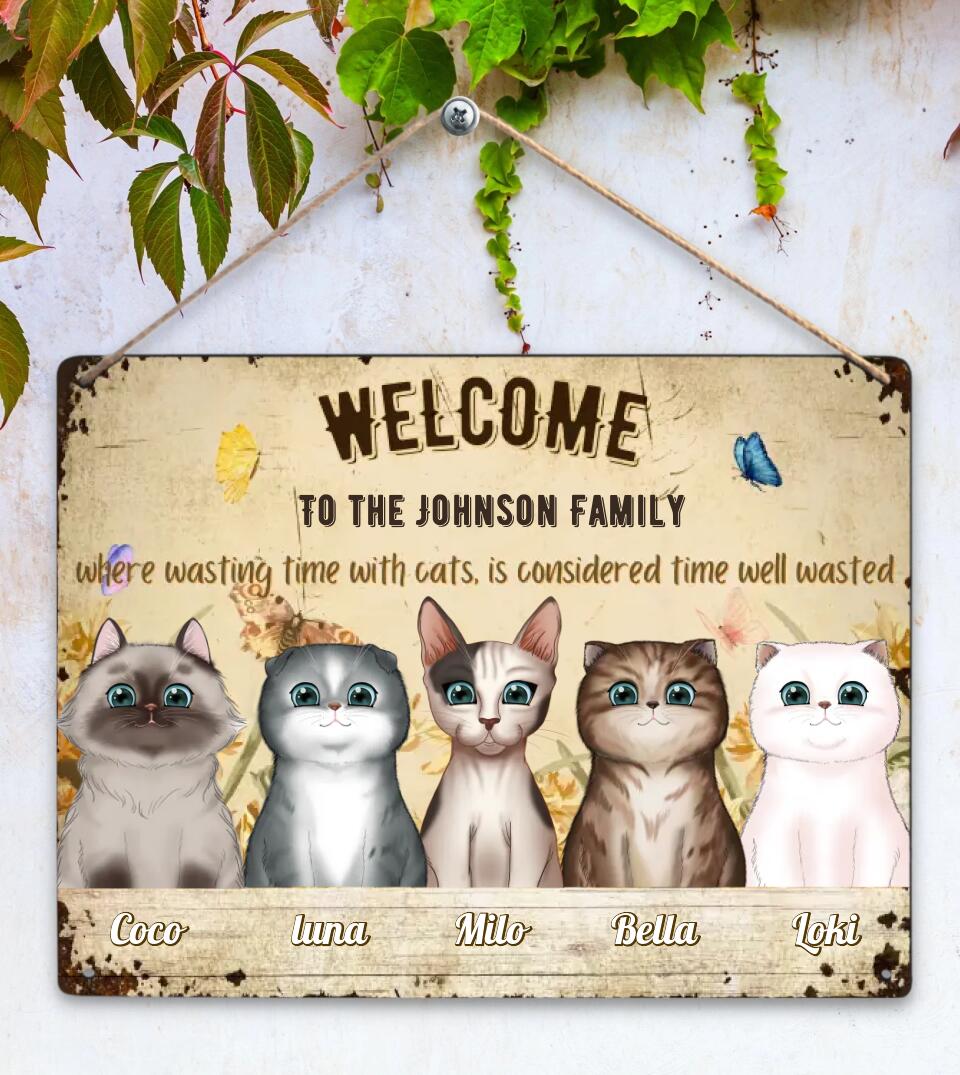 Time Wasted With Cats Is Considered Time Well Wasted - Multi Cat Family Personalized Custom Metal Sign, Gift for Cat Lovers