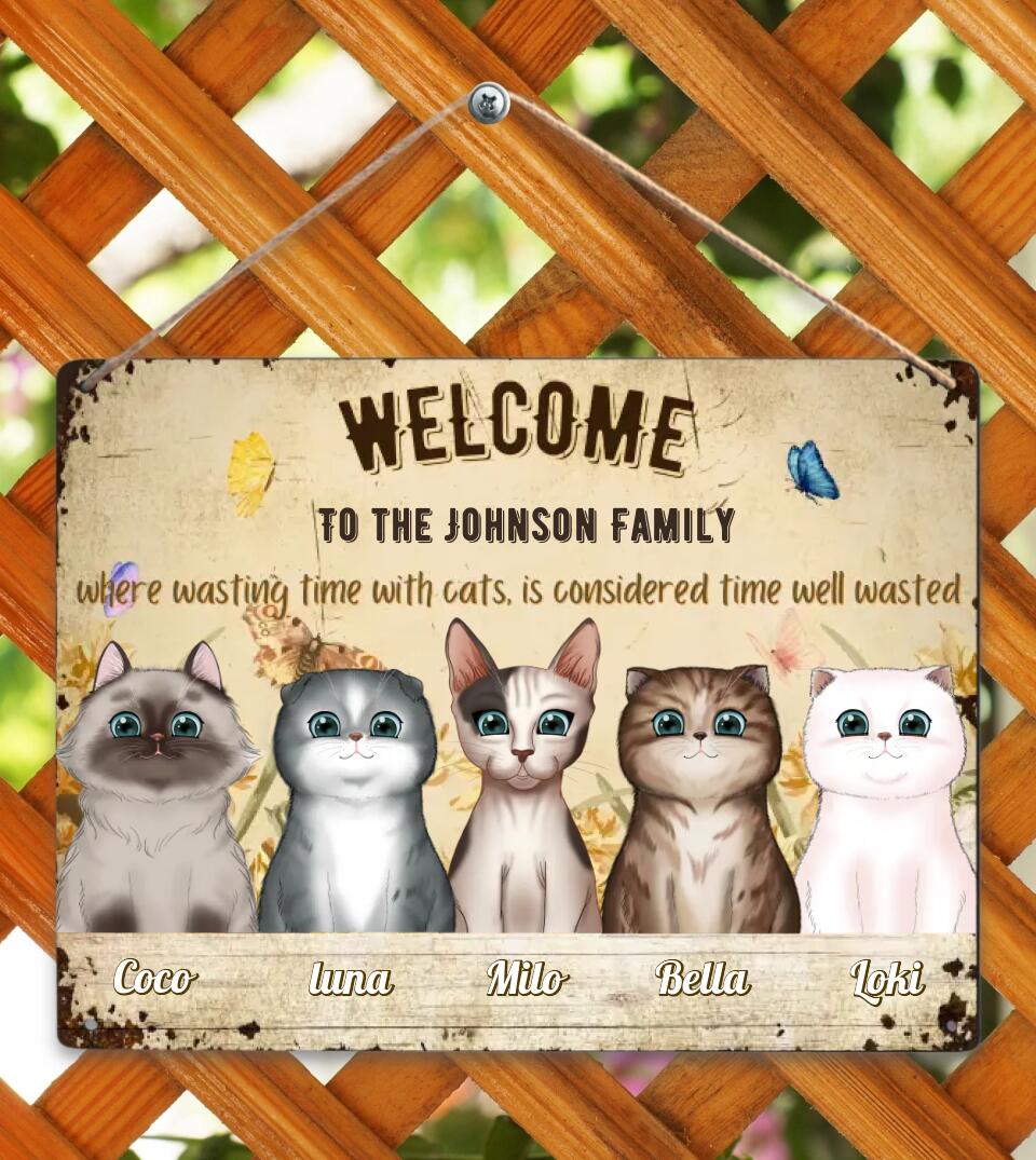 Time Wasted With Cats Is Considered Time Well Wasted - Multi Cat Family Personalized Custom Metal Sign, Gift for Cat Lovers