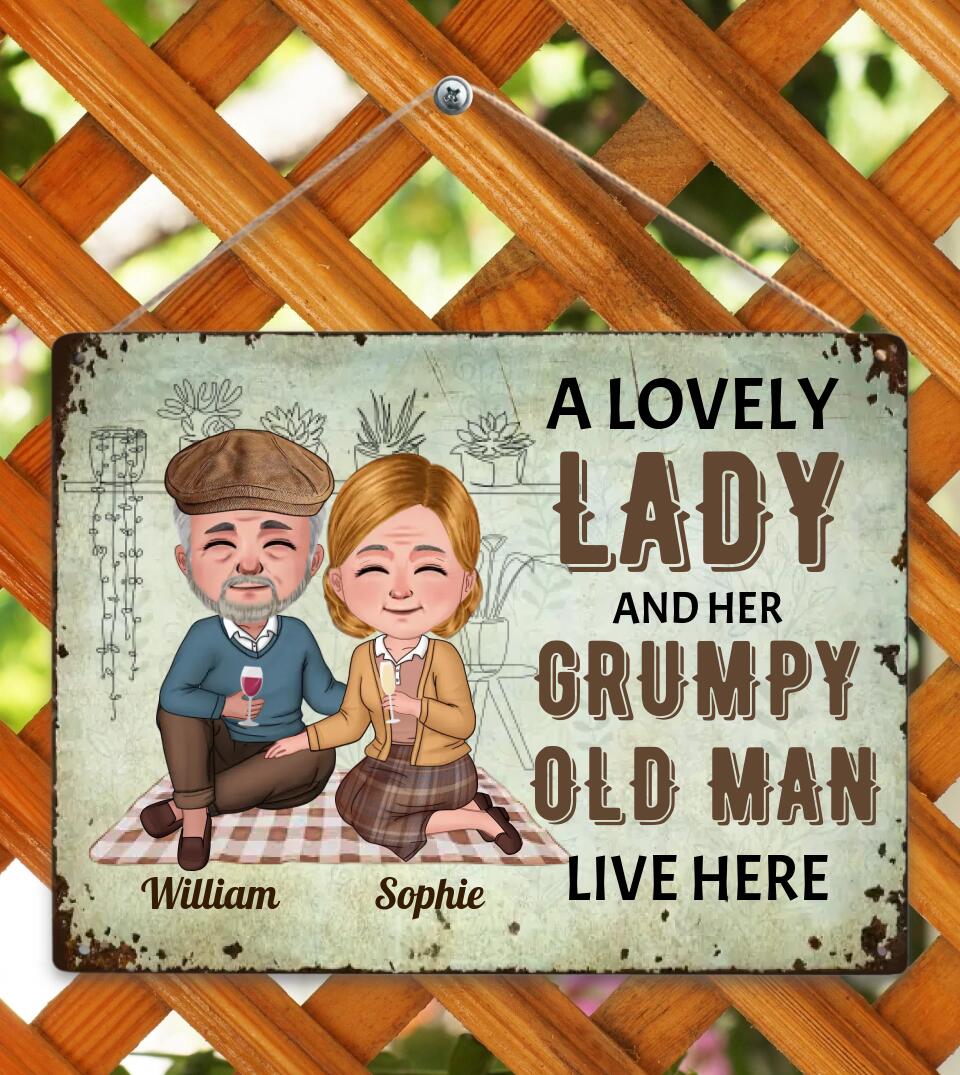 Chibi Senior Couple - A Lovely Lady And A Grumpy Old Man Live Here - Personalized Custom Metal Sign