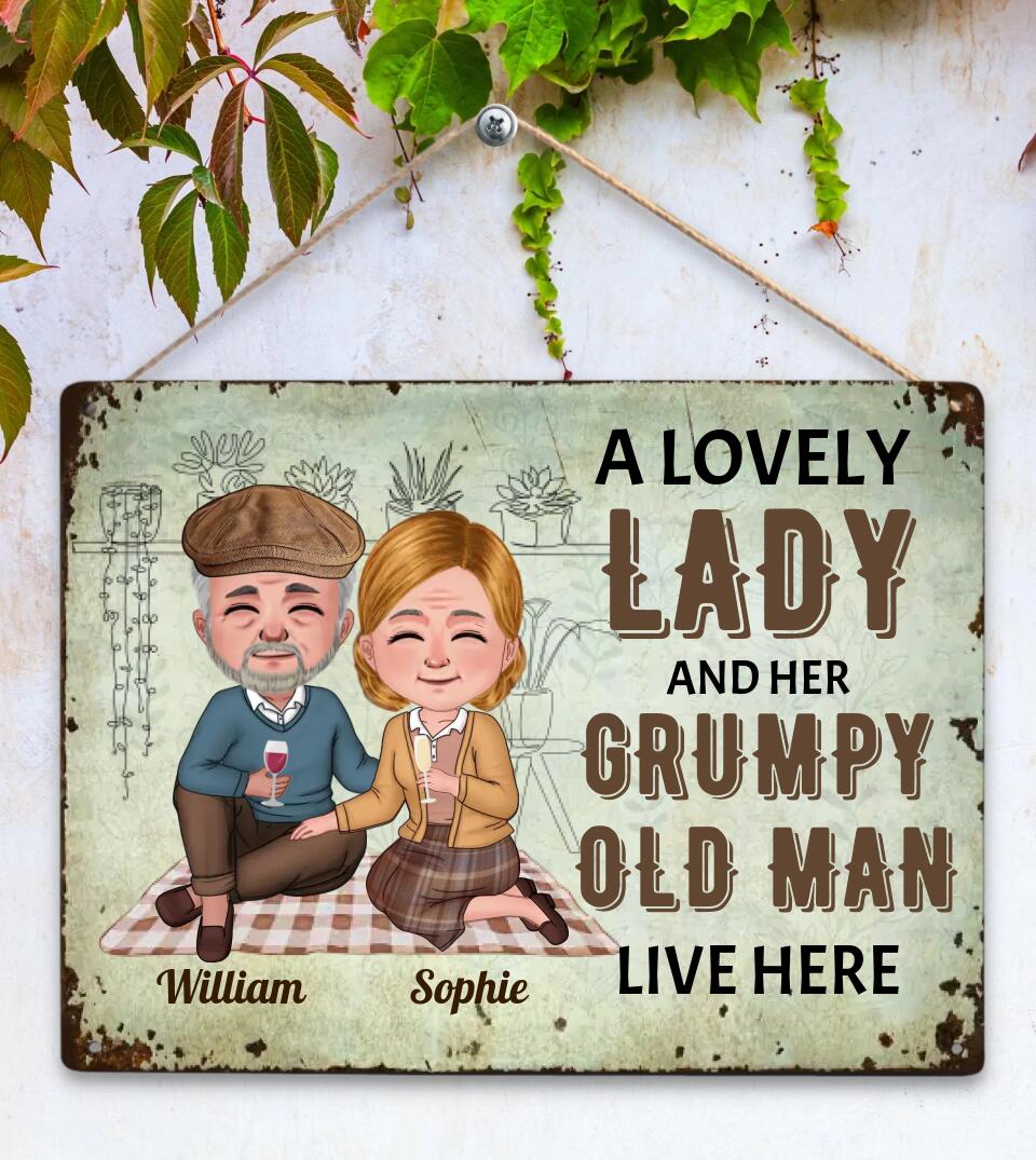 Chibi Senior Couple - A Lovely Lady And A Grumpy Old Man Live Here - Personalized Custom Metal Sign