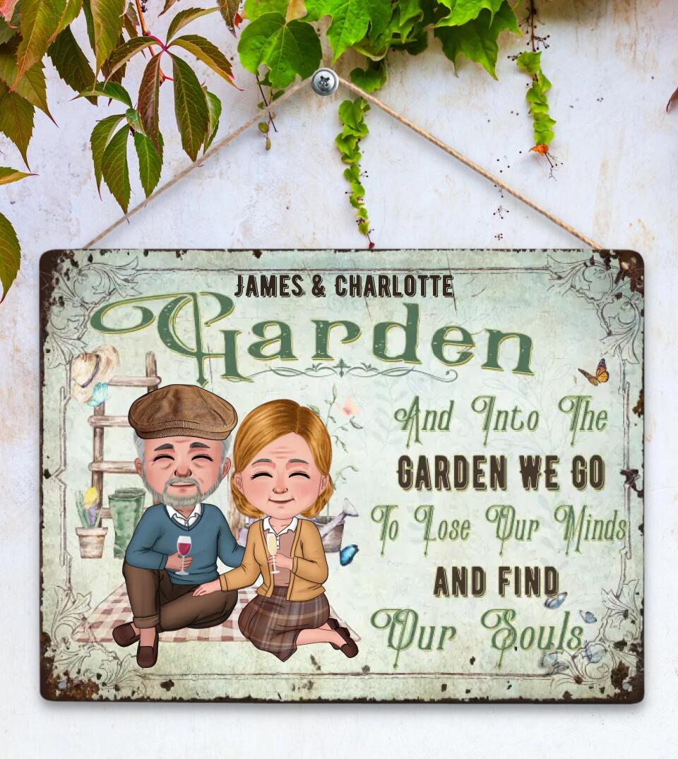 Chibi Senior Couple - And Into The Garden We Go To Lose Our Mind - Personalized Custom Classic Garden Metal Signs