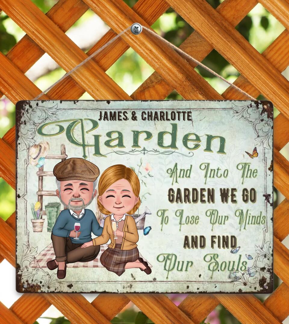 Chibi Senior Couple - And Into The Garden We Go To Lose Our Mind - Personalized Custom Classic Garden Metal Signs