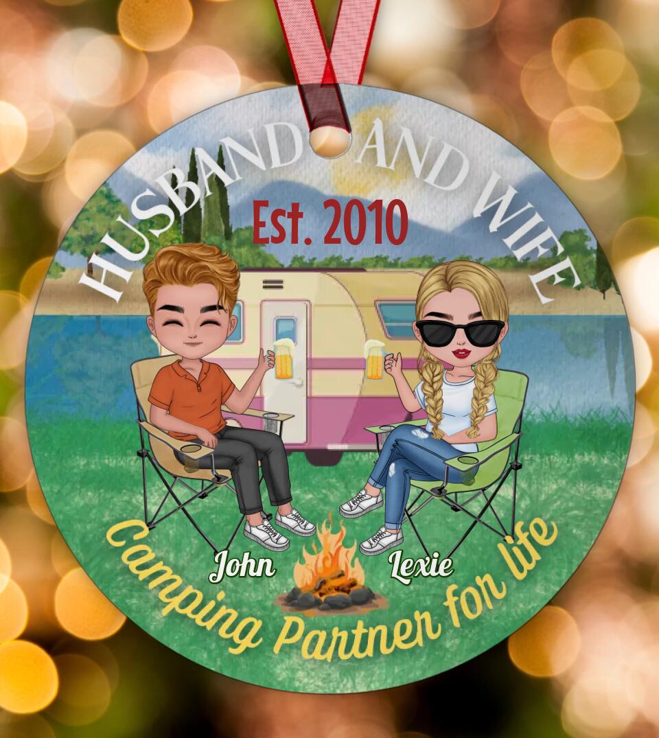 Husband And Wife Camping Partner For Life - Personalized Circle Metal Ornament For Camping Couples