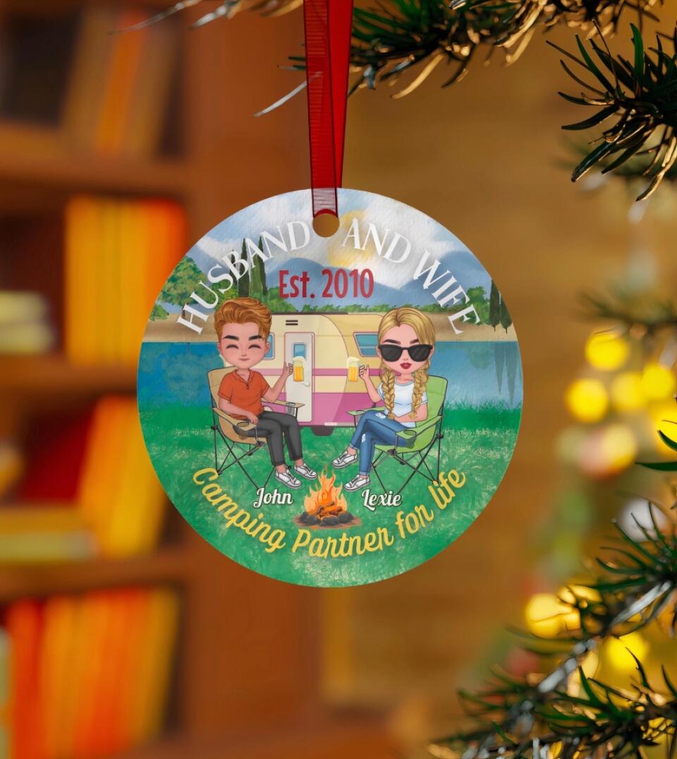Husband And Wife Camping Partner For Life - Personalized Circle Metal Ornament For Camping Couples