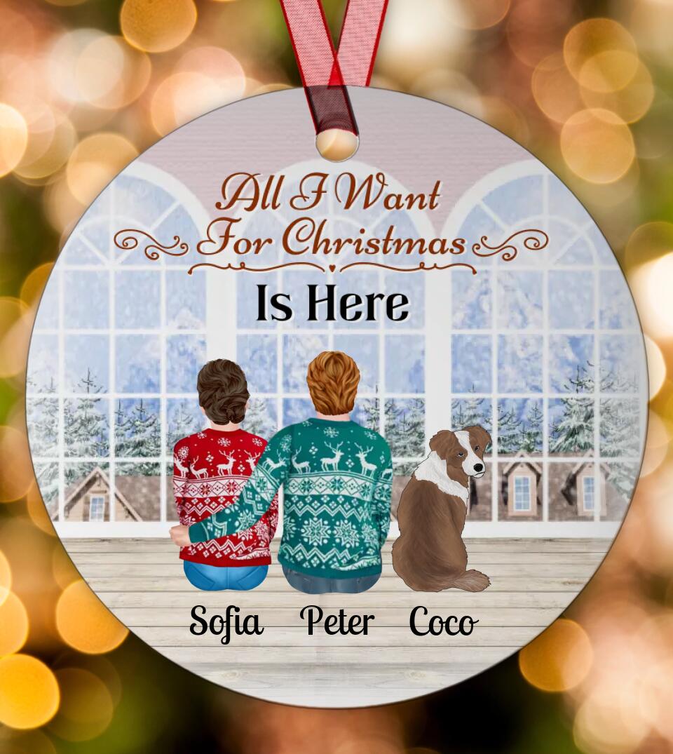Couple with Pets - All I Want For Christmas Is Here - Personalized Circle Metal Ornament For Pet Owners 2022