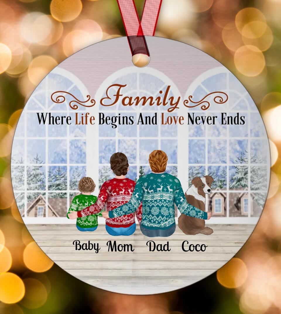 Family with Dog - Life Begins and Love Never Ends- Personalized Circle Metal Ornament Christmas Gift