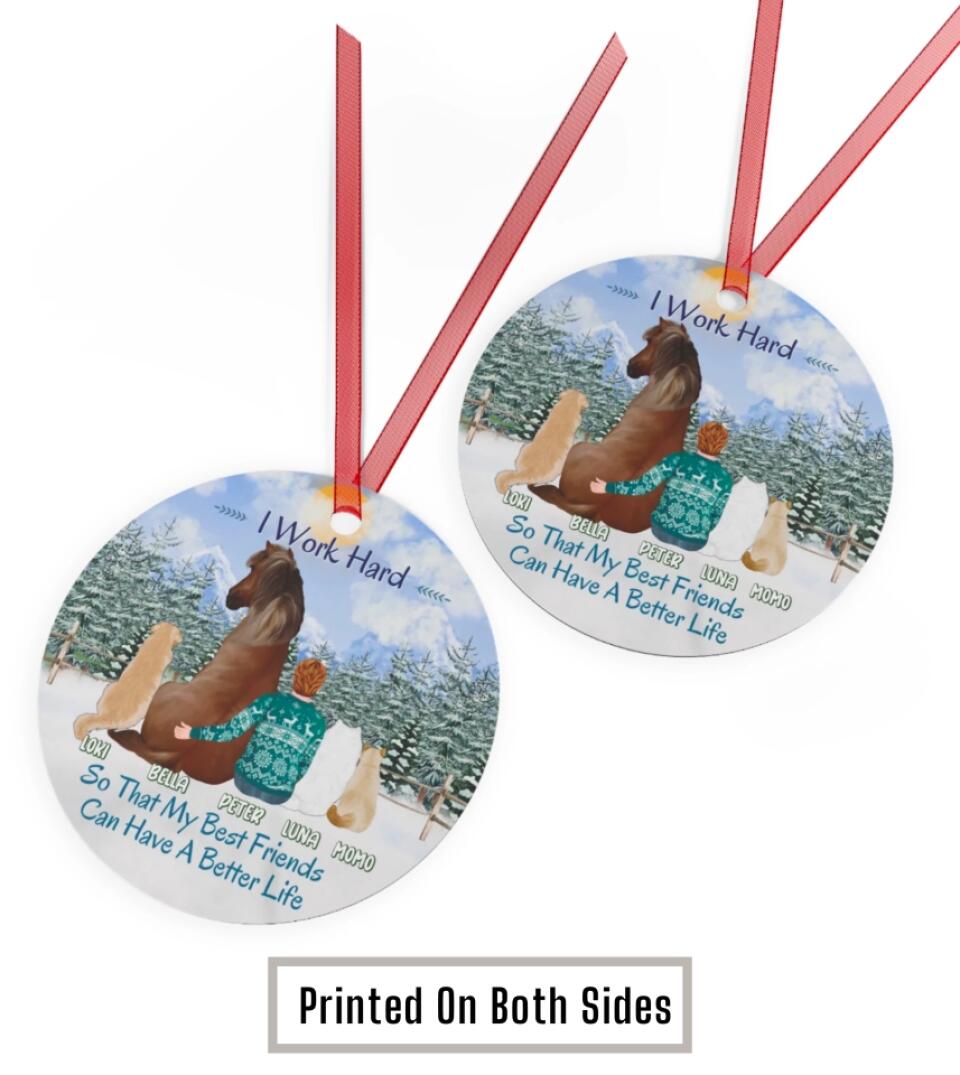 Horse Owner With Pets - Personalized Circle Metal Ornament Christmas Gift