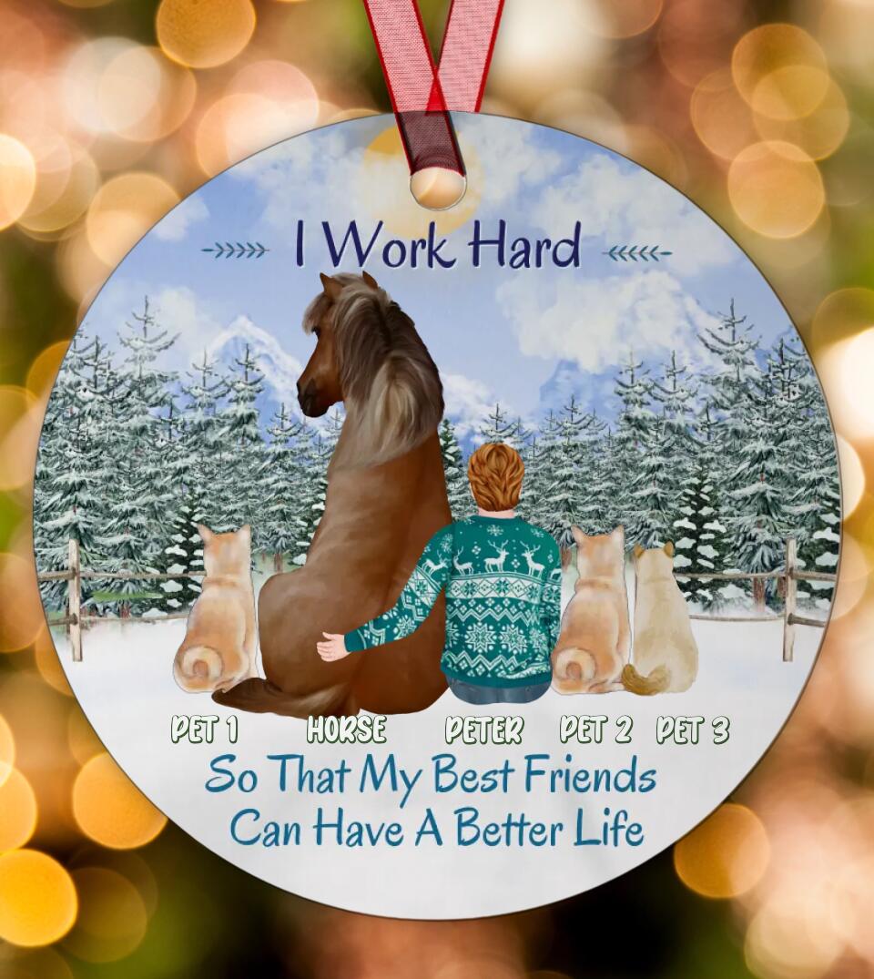 Horse Owner With Pets - Personalized Circle Metal Ornament Christmas Gift