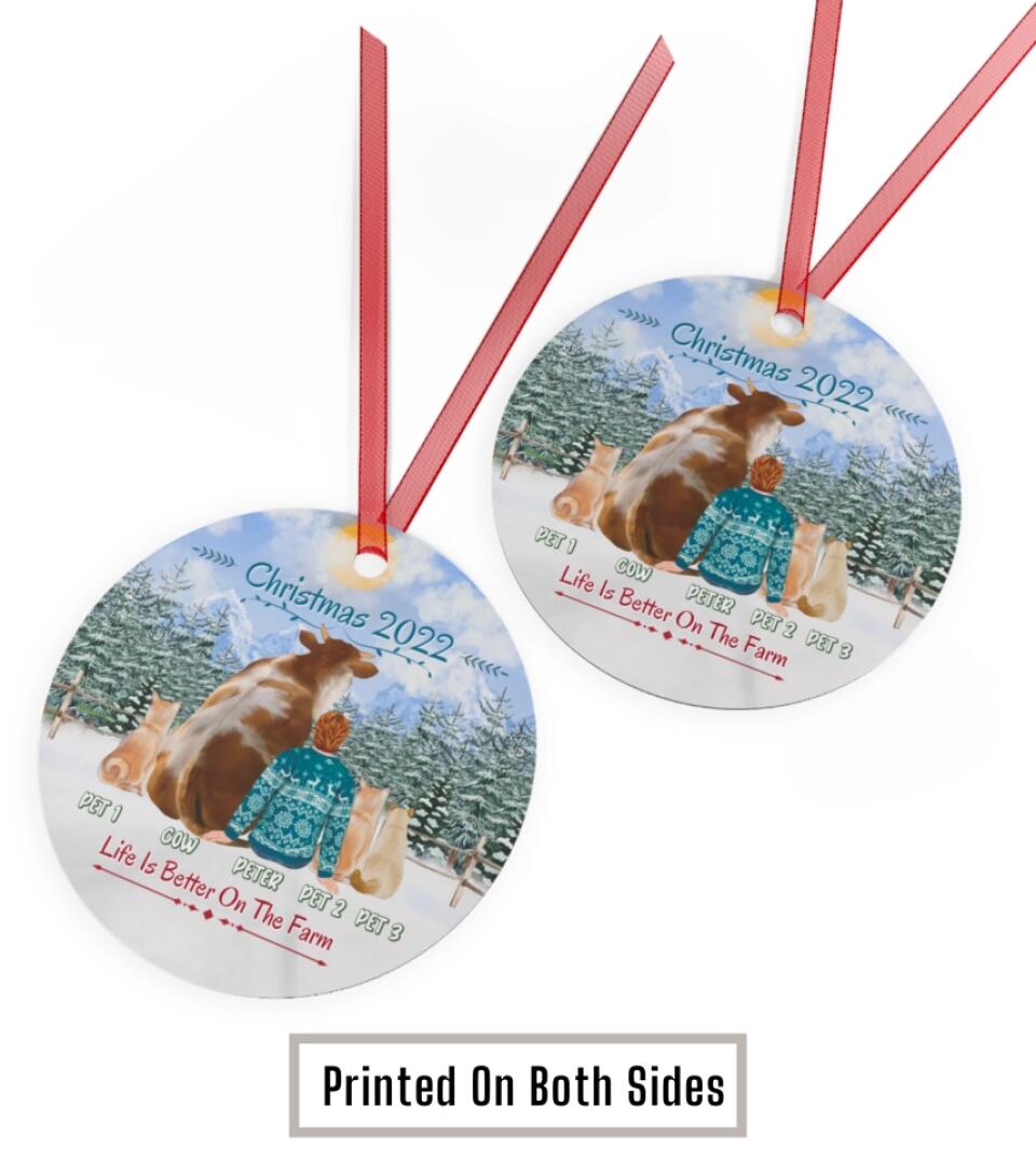 Farm Cow Owner With Pets - Personalized Circle Metal Ornament Christmas Gift