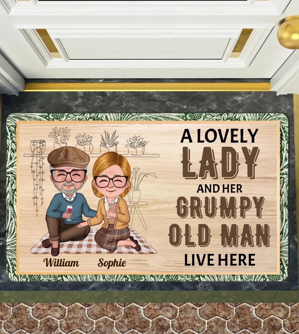 Chibi Senior Couple - A Lovely Lady And A Grumpy Old Man Live Here - Personalized Custom Doormat