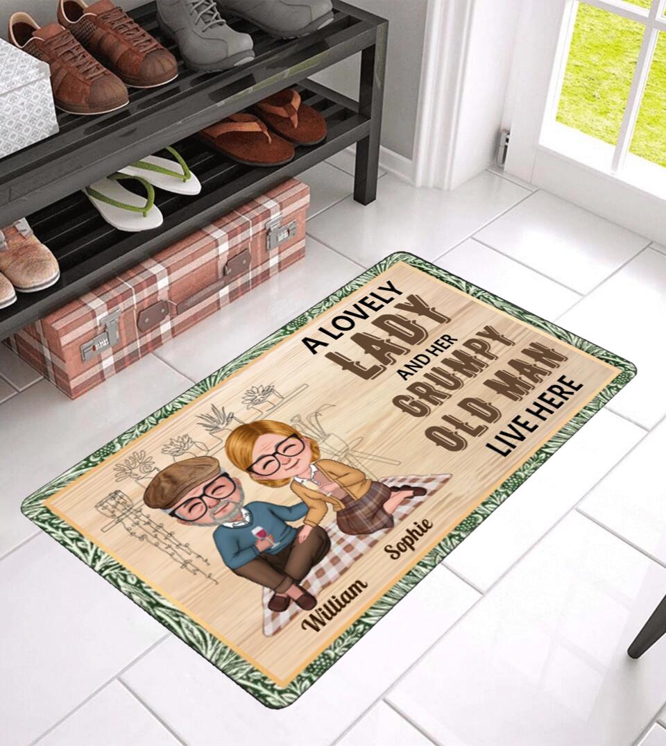 Chibi Senior Couple - A Lovely Lady And A Grumpy Old Man Live Here - Personalized Custom Doormat
