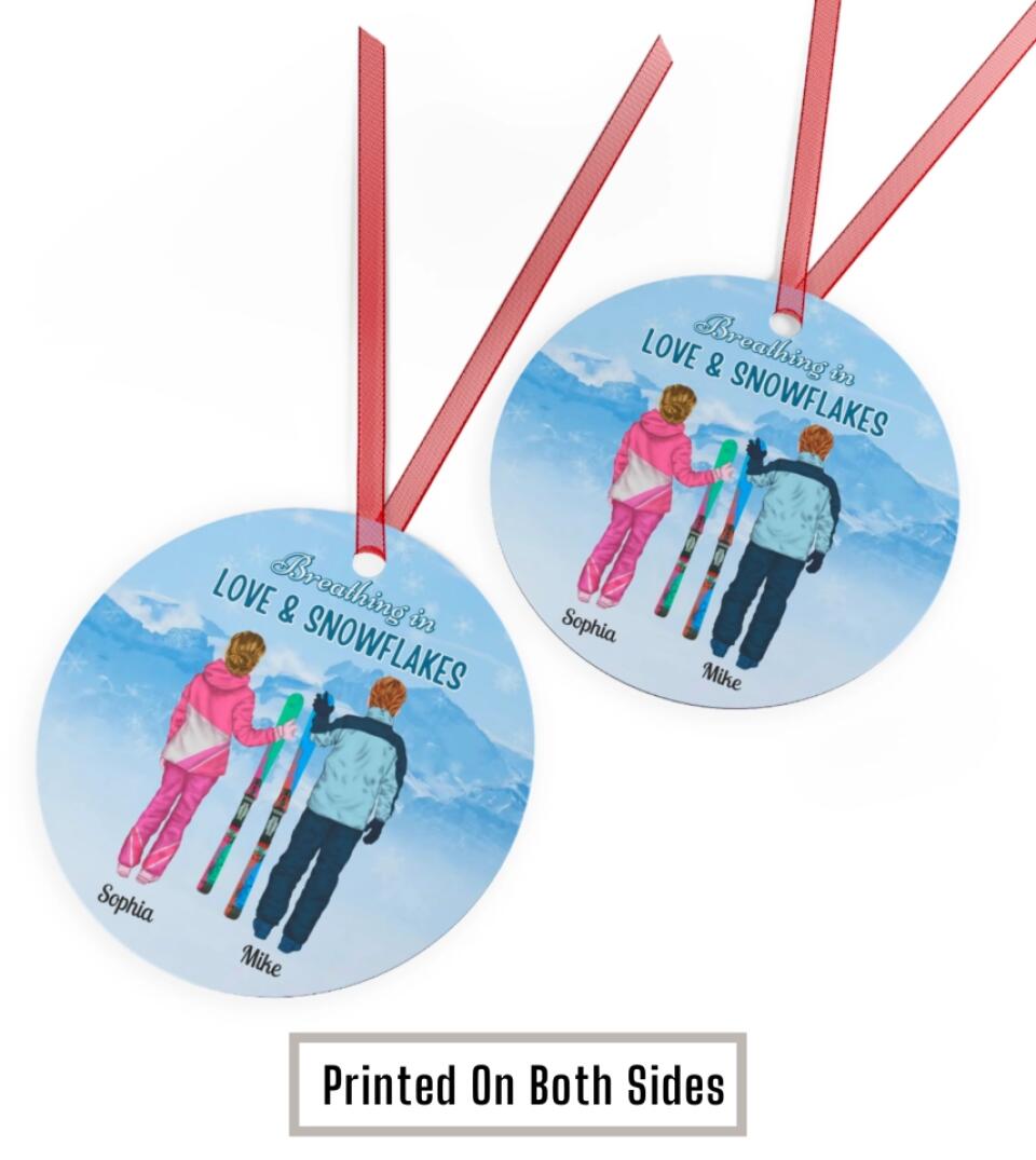Skiing Couple 2022 - Personalized Circle Metal Ornament Christmas Gift