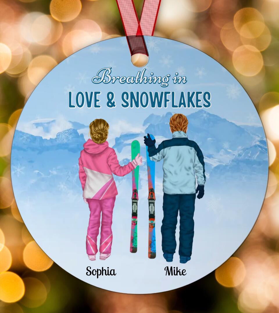 Skiing Couple 2022 - Personalized Circle Metal Ornament Christmas Gift