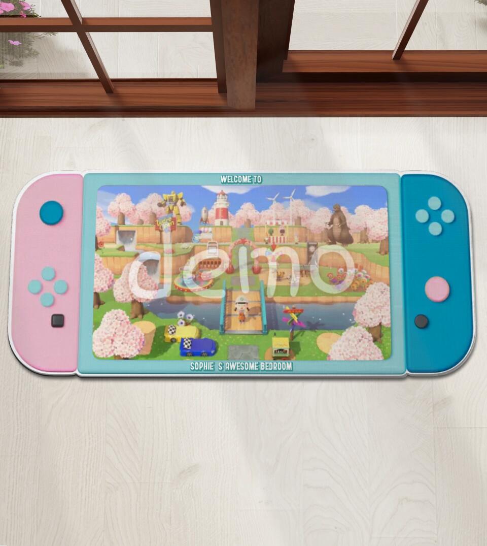 Customizable Nintendo Switch-Shaped Doormat with Animal Crossing or Legend of Zelda Scene Screenshot. Available in Multiple Shapes