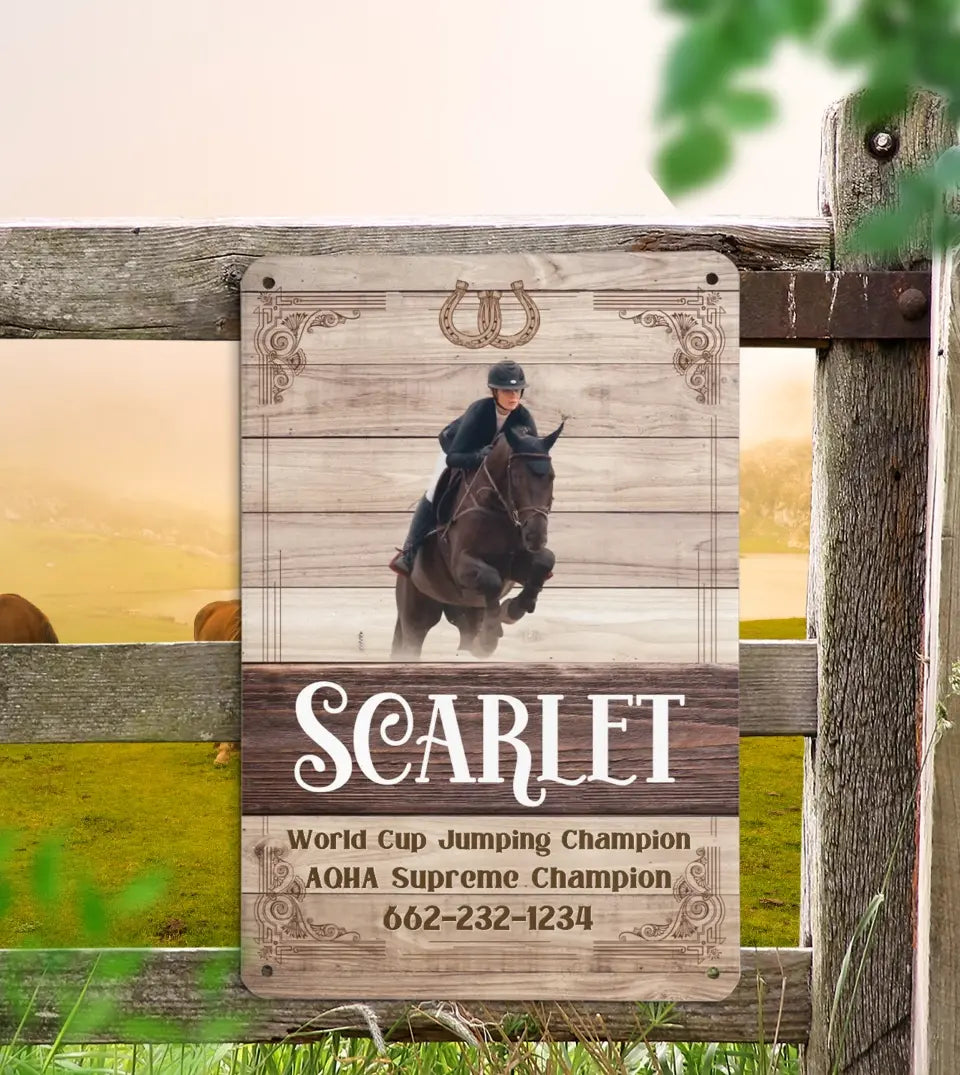 Customizable Horse Information Board by Starry Prints featuring a horse's photo, name, breed, and honors on a vertical aluminum metal plate
