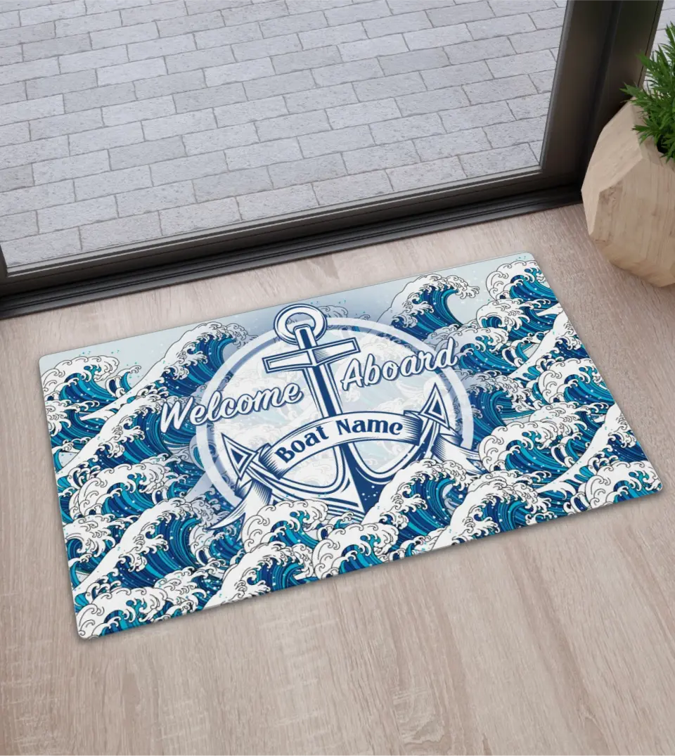 Personalized 'Welcome Aboard' Boat Doormat featuring a custom boat name, an anchor design, and an ocean wave background. This unique maritime decor item, perfect for yacht, boat, pontoon, ship, or cruise owners, adds a personal touch to your seafaring lifestyle. Crafted from durable, heat-resistant material, it's a stylish and practical addition to your maritime decor, sold by StarryPrints