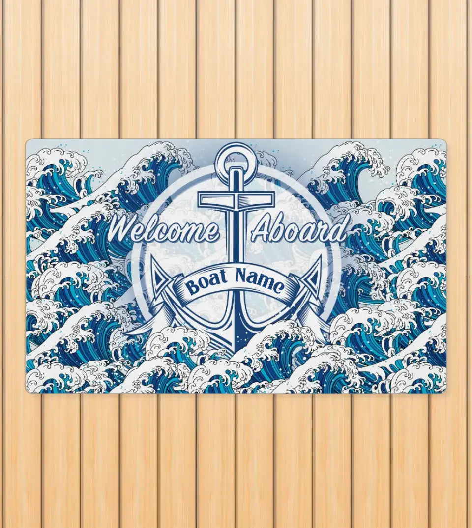 Personalized 'Welcome Aboard' Boat Doormat featuring a custom boat name, an anchor design, and an ocean wave background. This unique maritime decor item, perfect for yacht, boat, pontoon, ship, or cruise owners, adds a personal touch to your seafaring lifestyle. Crafted from durable, heat-resistant material, it's a stylish and practical addition to your maritime decor, sold by StarryPrints