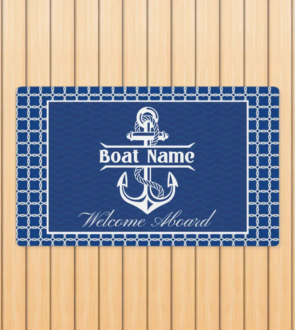 Personalized 'Welcome Aboard' Boat Doormat featuring a custom boat name, an anchor design, and an ocean wave background. This unique maritime decor item, perfect for yacht, boat, pontoon, ship, or cruise owners, adds a personal touch to your seafaring lifestyle. Crafted from durable, heat-resistant material, it's a stylish and practical addition to your maritime decor, sold by StarryPrints
