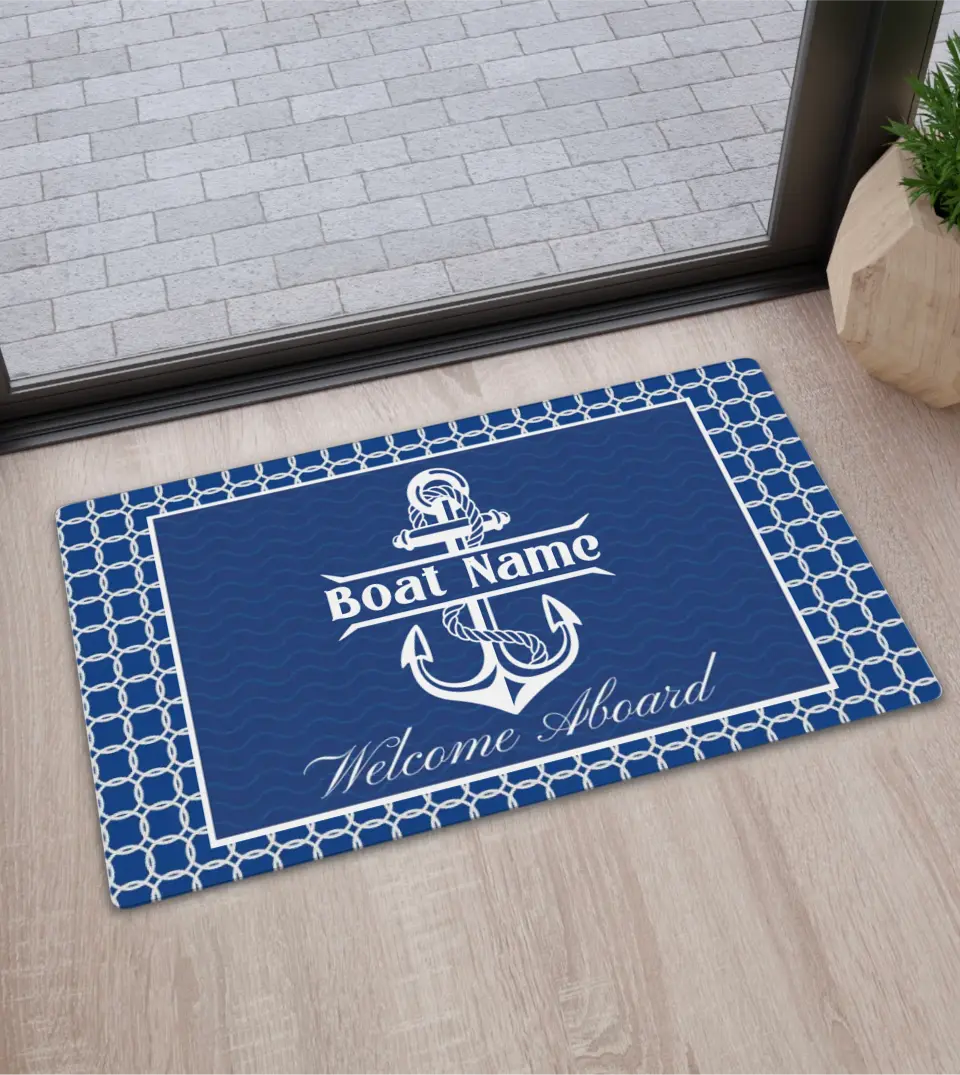 Personalized 'Welcome Aboard' Boat Doormat featuring a custom boat name, an anchor design, and an ocean wave background. This unique maritime decor item, perfect for yacht, boat, pontoon, ship, or cruise owners, adds a personal touch to your seafaring lifestyle. Crafted from durable, heat-resistant material, it's a stylish and practical addition to your maritime decor, sold by StarryPrints