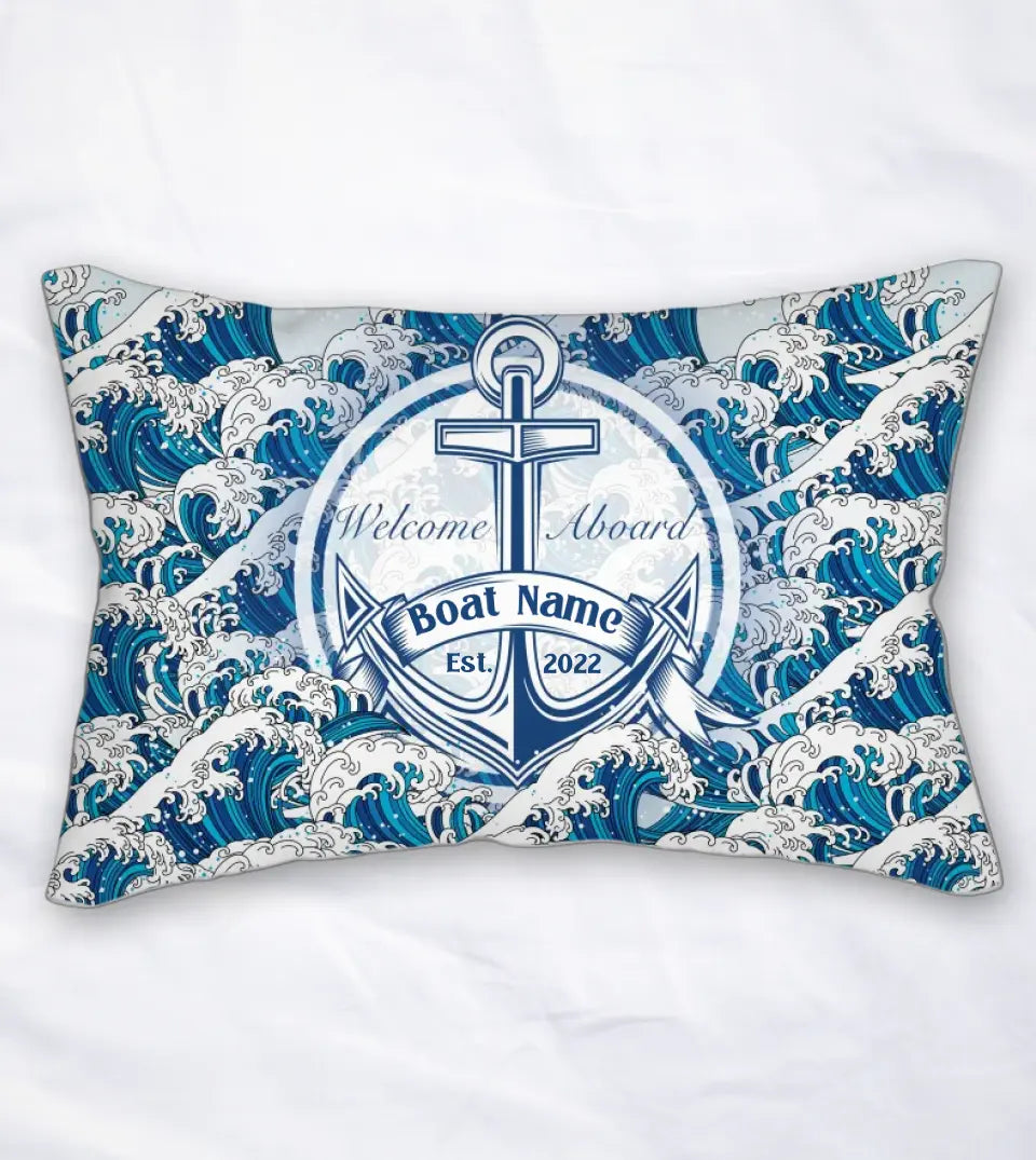 Personalized Lumbar Pillow with Custom Boat Name displayed on a wooden deck. This aesthetic boat accessory, perfect for yacht, boat, pontoon, ship, or cruise owners, features a water-resistant material and a nautical design. The pillow is customized with a boat name, making it a unique and personal accessory for maritime enthusiasts. Ideal for boat parties, summer outings, or as a unique gift for boat owners and sailing enthusiasts