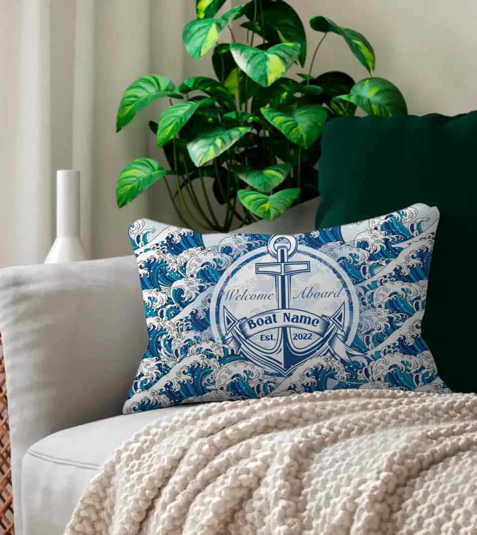 Personalized Lumbar Pillow with Custom Boat Name displayed on a wooden deck. This aesthetic boat accessory, perfect for yacht, boat, pontoon, ship, or cruise owners, features a water-resistant material and a nautical design. The pillow is customized with a boat name, making it a unique and personal accessory for maritime enthusiasts. Ideal for boat parties, summer outings, or as a unique gift for boat owners and sailing enthusiasts