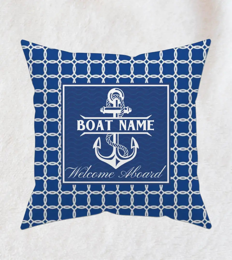 Personalized Water-Resistant Boat Pillow with Custom Boat Name displayed on a wooden deck. This square pillow, perfect for yacht, boat, pontoon, ship, or cruise owners, features a water-resistant material and a nautical design with an anchor and a compass. The pillow is customized with a boat name, making it a unique and personal accessory for maritime enthusiasts. Ideal for boat parties, summer outings, or as a unique gift for boat owners and sailing enthusiasts.