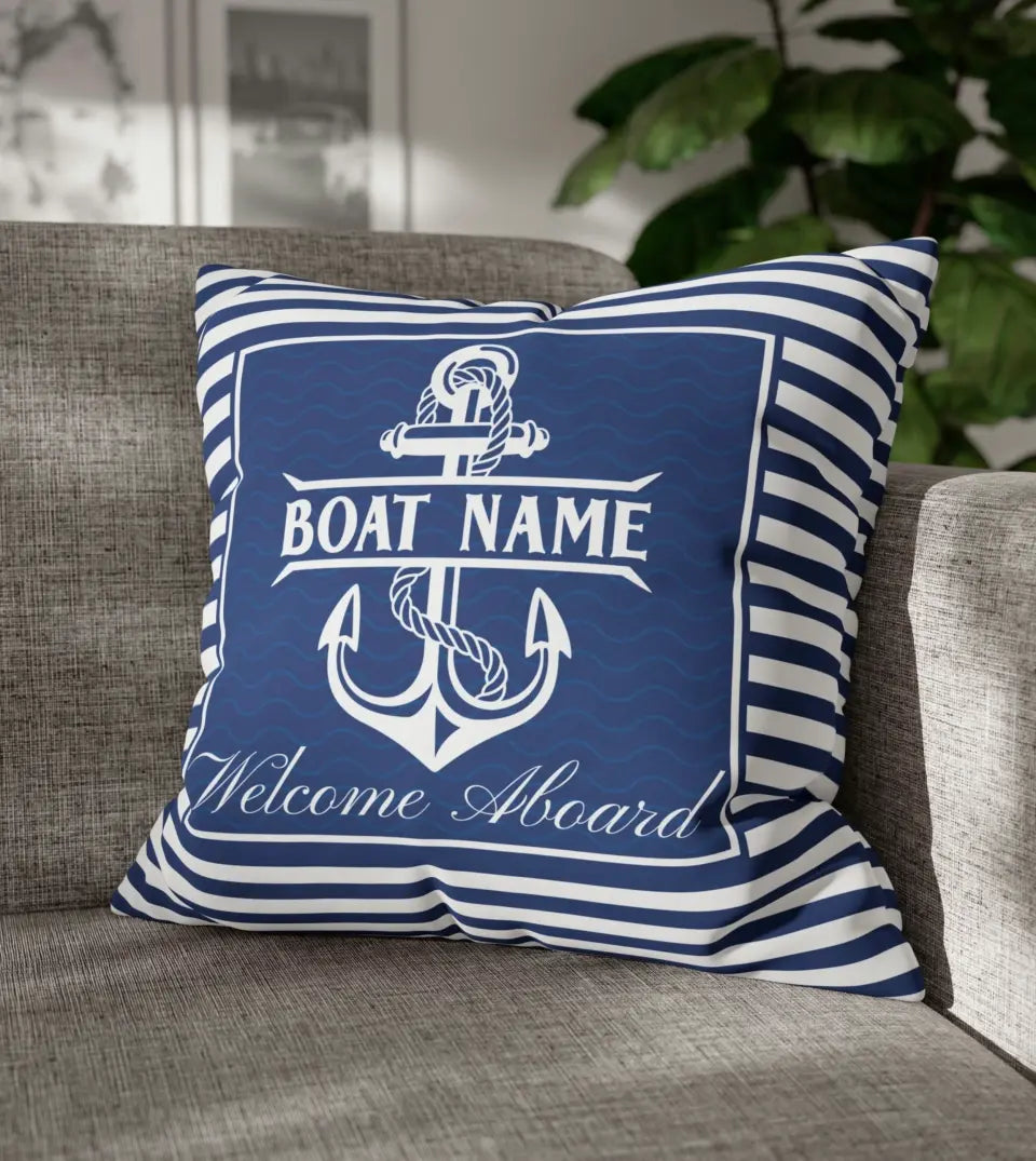 Personalized Water-Resistant Boat Pillow with Custom Boat Name displayed on a wooden deck. This square pillow, perfect for yacht, boat, pontoon, ship, or cruise owners, features a water-resistant material and a nautical design with an anchor and a compass. The pillow is customized with a boat name, making it a unique and personal accessory for maritime enthusiasts. Ideal for boat parties, summer outings, or as a unique gift for boat owners and sailing enthusiasts.