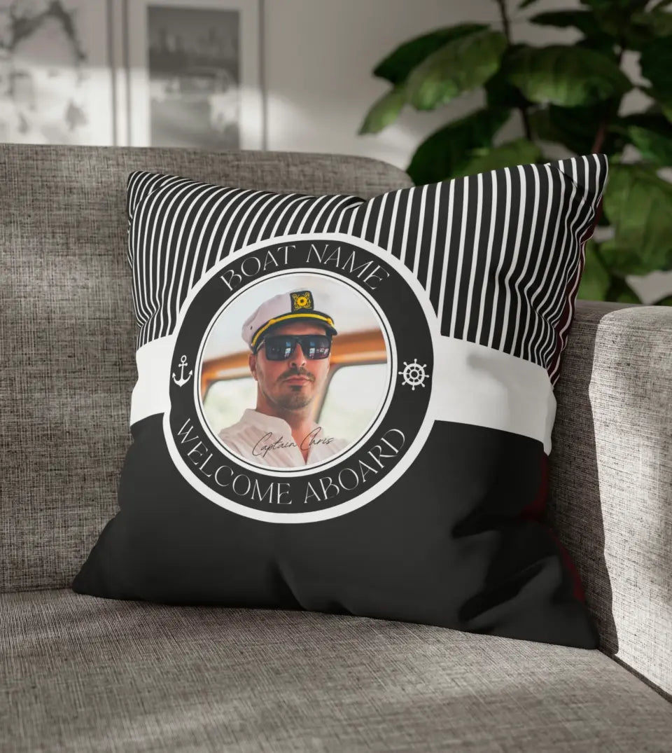 Custom Boat Pillow with Captain Photo on a wooden deck. Square, water-resistant pillow for yacht, boat, pontoon, ship, or cruise owners. Features a custom photo and boat name. Ideal for boat parties, summer outings, or as a gift for maritime enthusiasts. Suitable for boat rental companies, boat Airbnbs, and boat hotels