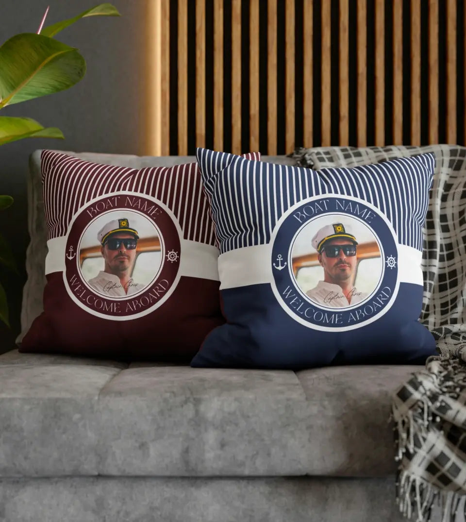Custom Boat Pillow with Captain Photo on a wooden deck. Square, water-resistant pillow for yacht, boat, pontoon, ship, or cruise owners. Features a custom photo and boat name. Ideal for boat parties, summer outings, or as a gift for maritime enthusiasts. Suitable for boat rental companies, boat Airbnbs, and boat hotels