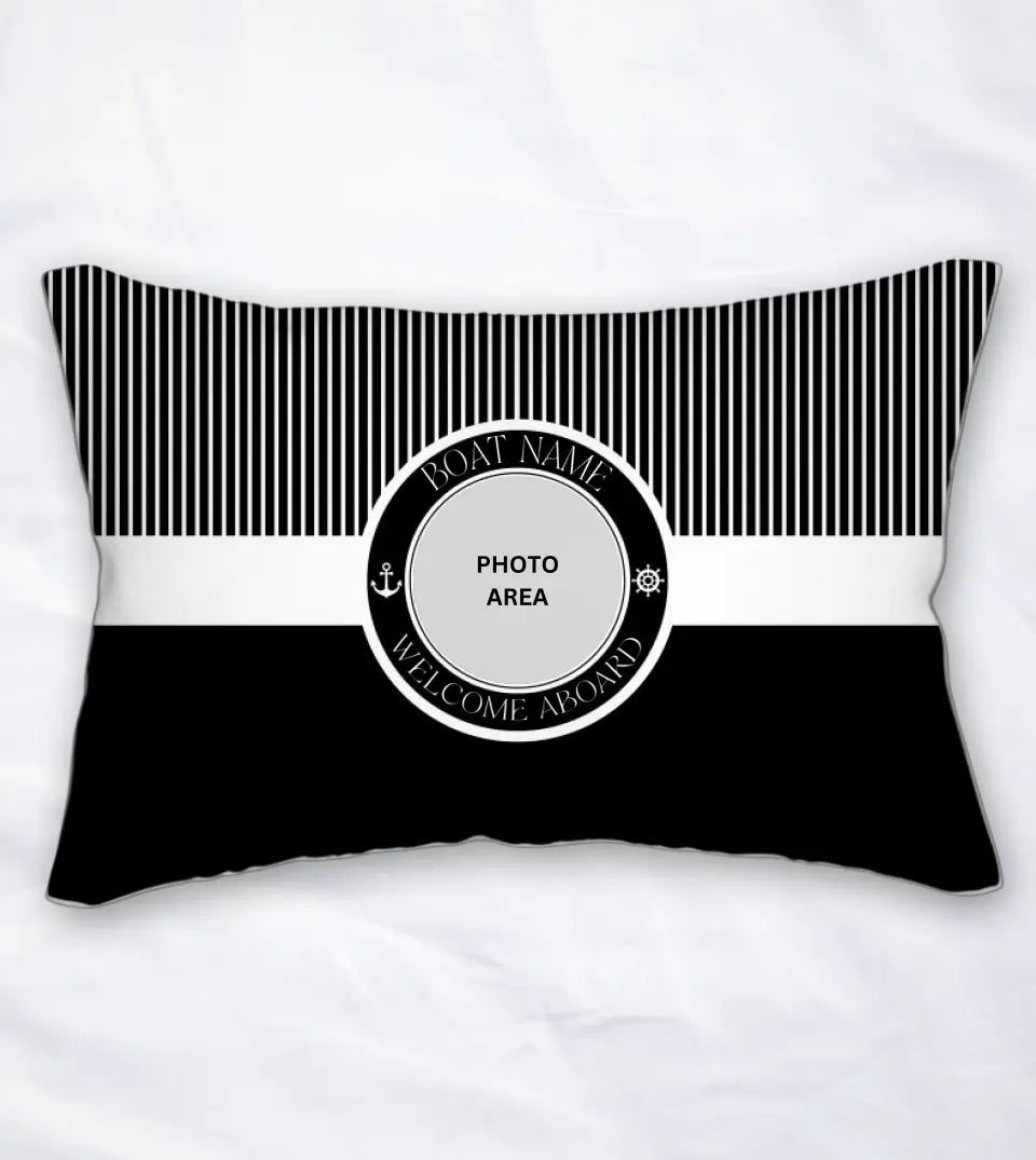 Personalized Water-Resistant Lumbar Boat Pillow with Custom Captain Photo and Boat Name displayed on a wooden deck. This lumbar pillow, perfect for yacht, boat, pontoon, ship, or cruise owners, features a water-resistant material and a nautical design with a custom photo in the center. The pillow is customized with a boat name, making it a unique and personal accessory for maritime enthusiasts.
