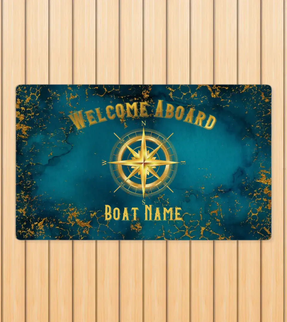 Personalized 'Welcome Aboard' doormat featuring a custom boat name, a nautical compass design, and a luxurious marble texture background. Perfect for boat owners, yacht clubs, or seaside homes
