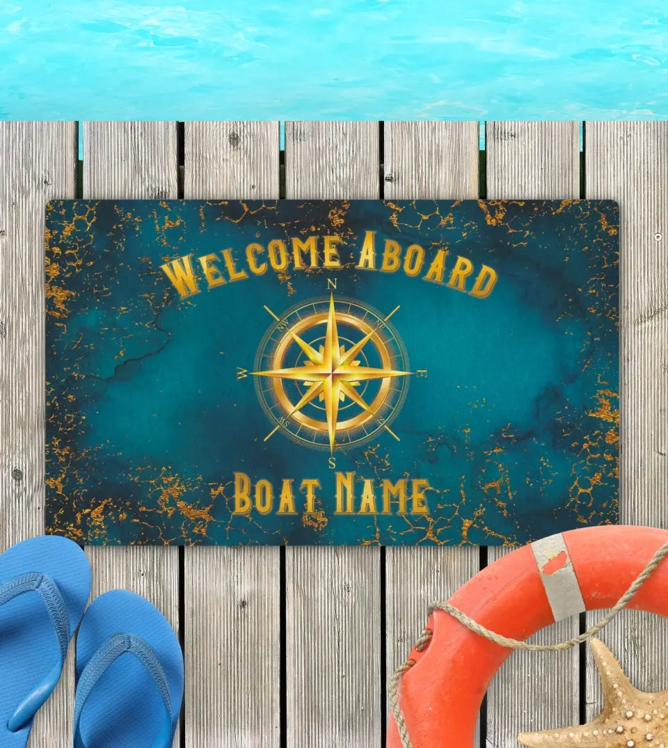 Personalized 'Welcome Aboard' doormat featuring a custom boat name, a nautical compass design, and a luxurious marble texture background. Perfect for boat owners, yacht clubs, or seaside homes