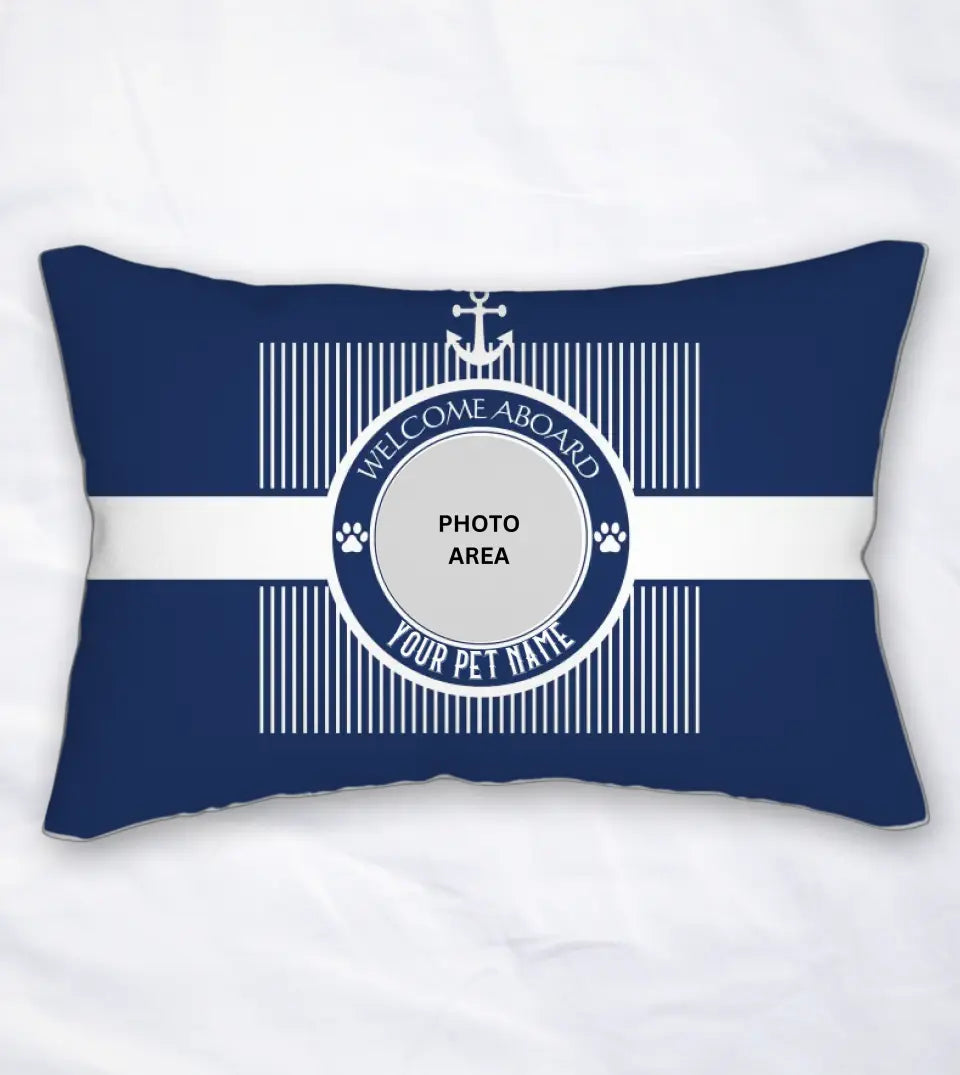 Personalized Water-Resistant Lumbar Boat Pillow featuring a pet dog or cat photo. This unique pillow, perfect for boat owners and pet lovers, adds a personal touch to any maritime setting. The pillow showcases a pet photo in the center, surrounded by a nautical color scheme, making it a unique and personal accessory for boat decor.