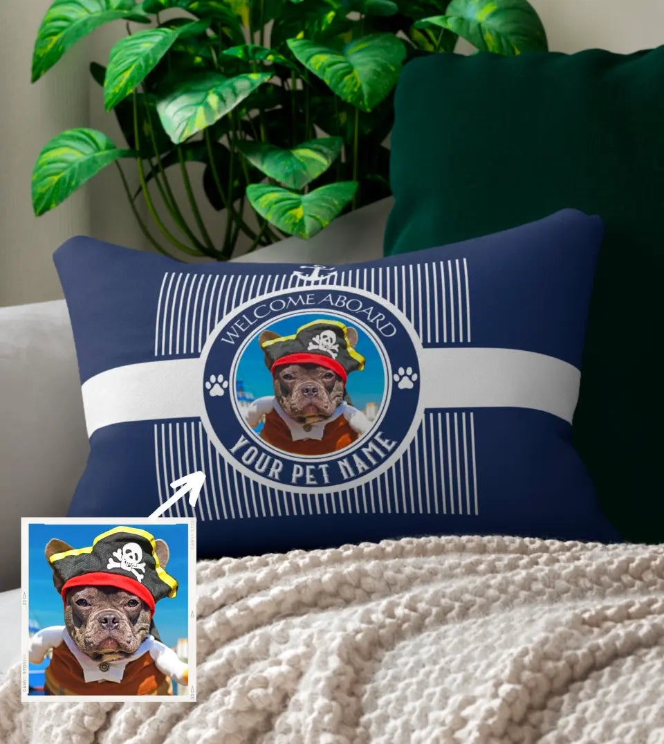 Personalized Water-Resistant Lumbar Boat Pillow featuring a pet dog or cat photo. This unique pillow, perfect for boat owners and pet lovers, adds a personal touch to any maritime setting. The pillow showcases a pet photo in the center, surrounded by a nautical color scheme, making it a unique and personal accessory for boat decor.