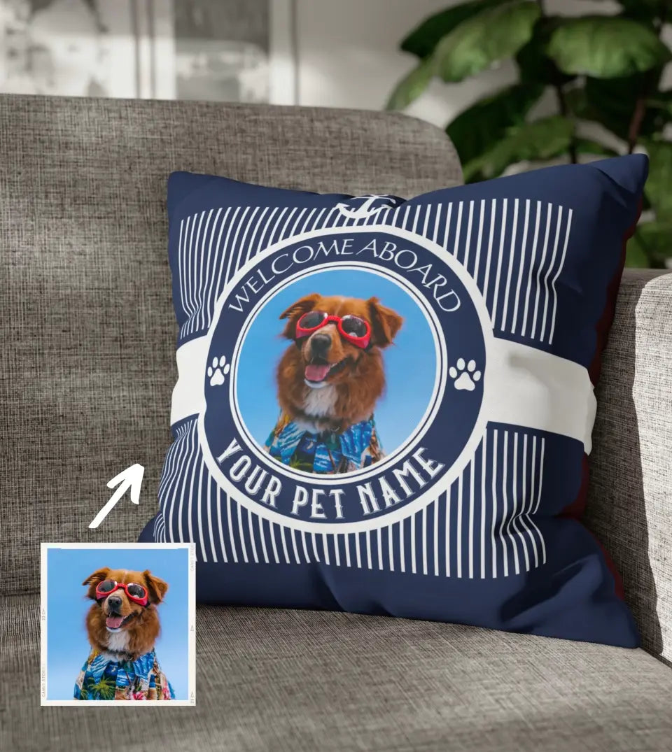 Personalized Water-Resistant Square Boat Pillow featuring a pet dog or cat photo. This unique pillow, perfect for boat owners and pet lovers, adds a personal touch to any maritime setting. The pillow showcases a pet photo in the center, surrounded by a nautical color scheme, making it a unique and personal accessory for boat decor.