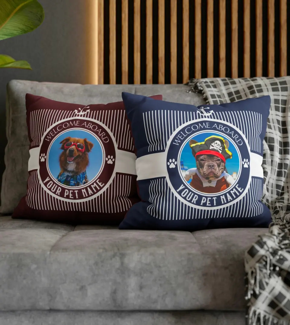 Personalized Water-Resistant Square Boat Pillow featuring a pet dog or cat photo. This unique pillow, perfect for boat owners and pet lovers, adds a personal touch to any maritime setting. The pillow showcases a pet photo in the center, surrounded by a nautical color scheme, making it a unique and personal accessory for boat decor.
