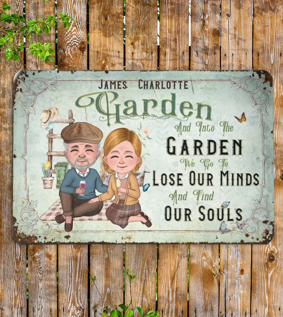 High-quality, eco-friendly aluminum garden sign personalized for grandparents, featuring an inspirational quote 'And into the garden we go, to lose our mind and find our souls'. The sign showcases a beautiful garden scene with a senior couple enjoying their time in nature. This durable and fade-resistant sign is a perfect outdoor decoration, symbolizing the peace, joy, and soulful connection found in gardening