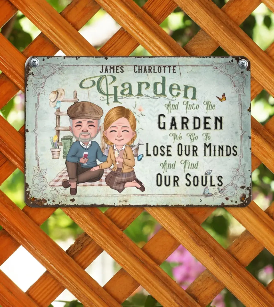 High-quality, eco-friendly aluminum garden sign personalized for grandparents, featuring an inspirational quote 'And into the garden we go, to lose our mind and find our souls'. The sign showcases a beautiful garden scene with a senior couple enjoying their time in nature. This durable and fade-resistant sign is a perfect outdoor decoration, symbolizing the peace, joy, and soulful connection found in gardening