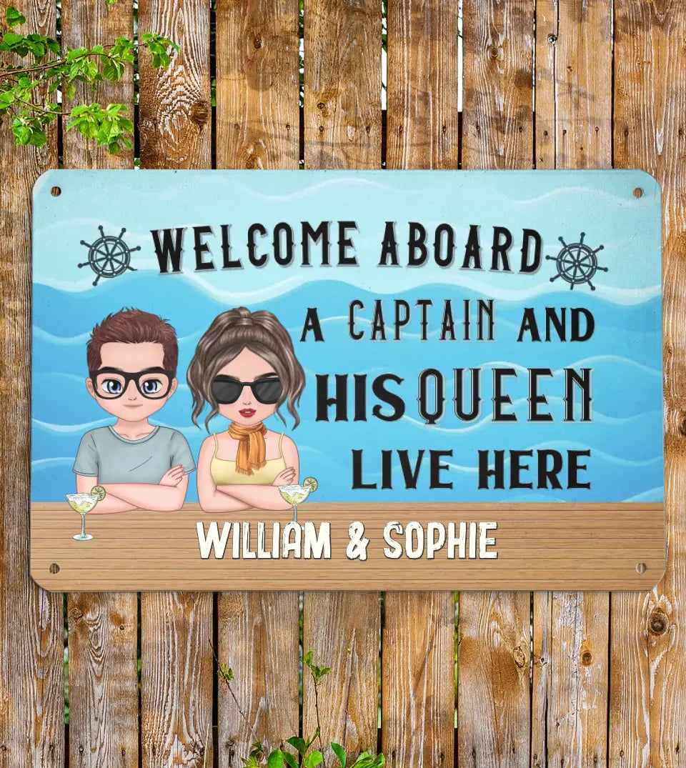 Custom-made boat sign featuring a charming illustration of a captain and his wife against a wavy ocean backdrop. This high-quality, eco-friendly aluminum sign is perfect for personalizing yachts, boats, pontoons, lakehouses, or houseboats. It's a unique maritime decoration that celebrates the love and companionship of boating couples, making it an ideal gift for any occasion