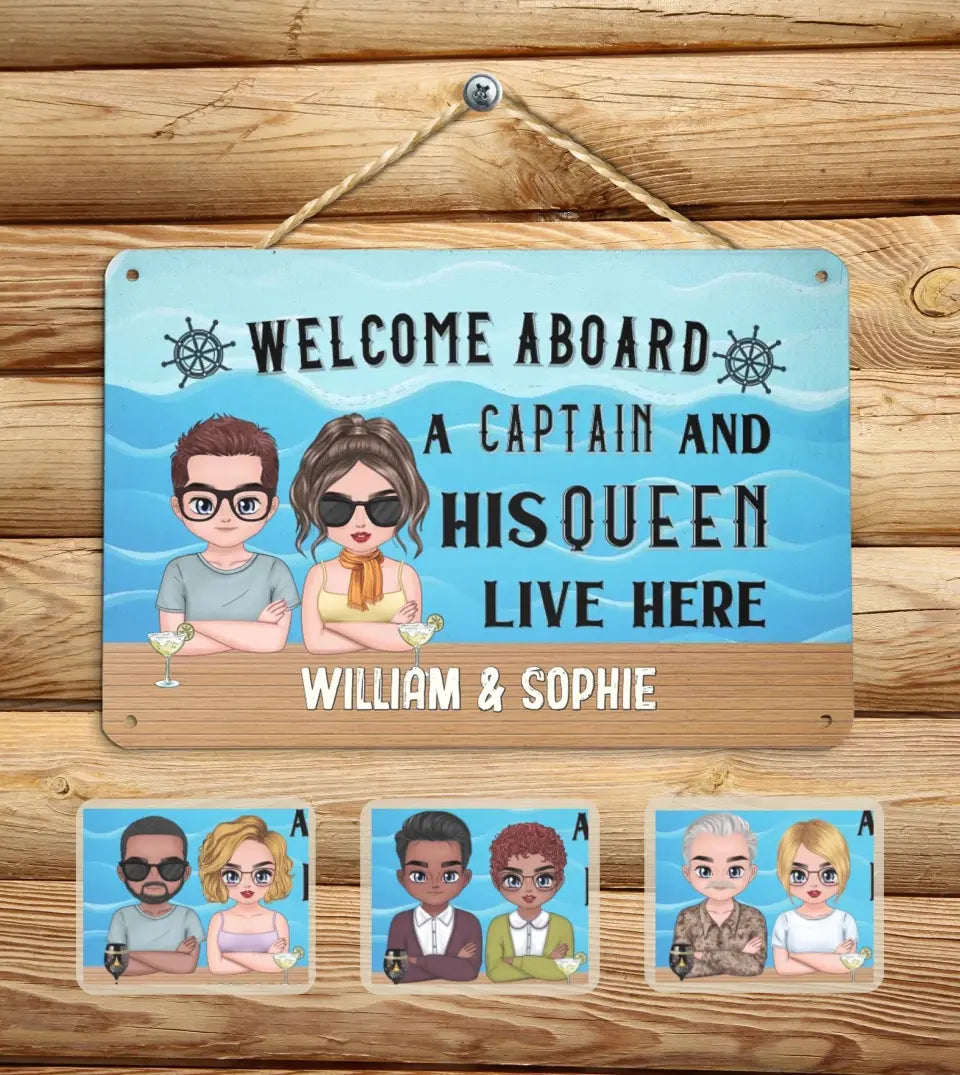 Custom-made boat sign featuring a charming illustration of a captain and his wife against a wavy ocean backdrop. This high-quality, eco-friendly aluminum sign is perfect for personalizing yachts, boats, pontoons, lakehouses, or houseboats. It's a unique maritime decoration that celebrates the love and companionship of boating couples, making it an ideal gift for any occasion
