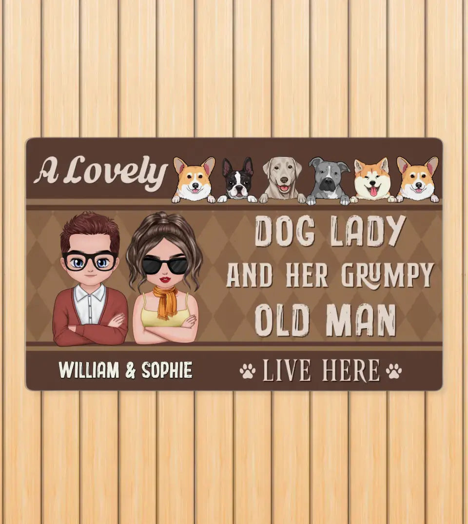 Transform your space with our personalized doormat, perfect for dog lovers and couples. Featuring the quote 'A Lovely Dog Lady and Her Grumpy Old Man Live Here', this custom floor mat is a unique piece of home decor. Add a personal touch with your dog's photo and create a welcoming entrance for your home. Ideal for gifting or as a treat for yourself.