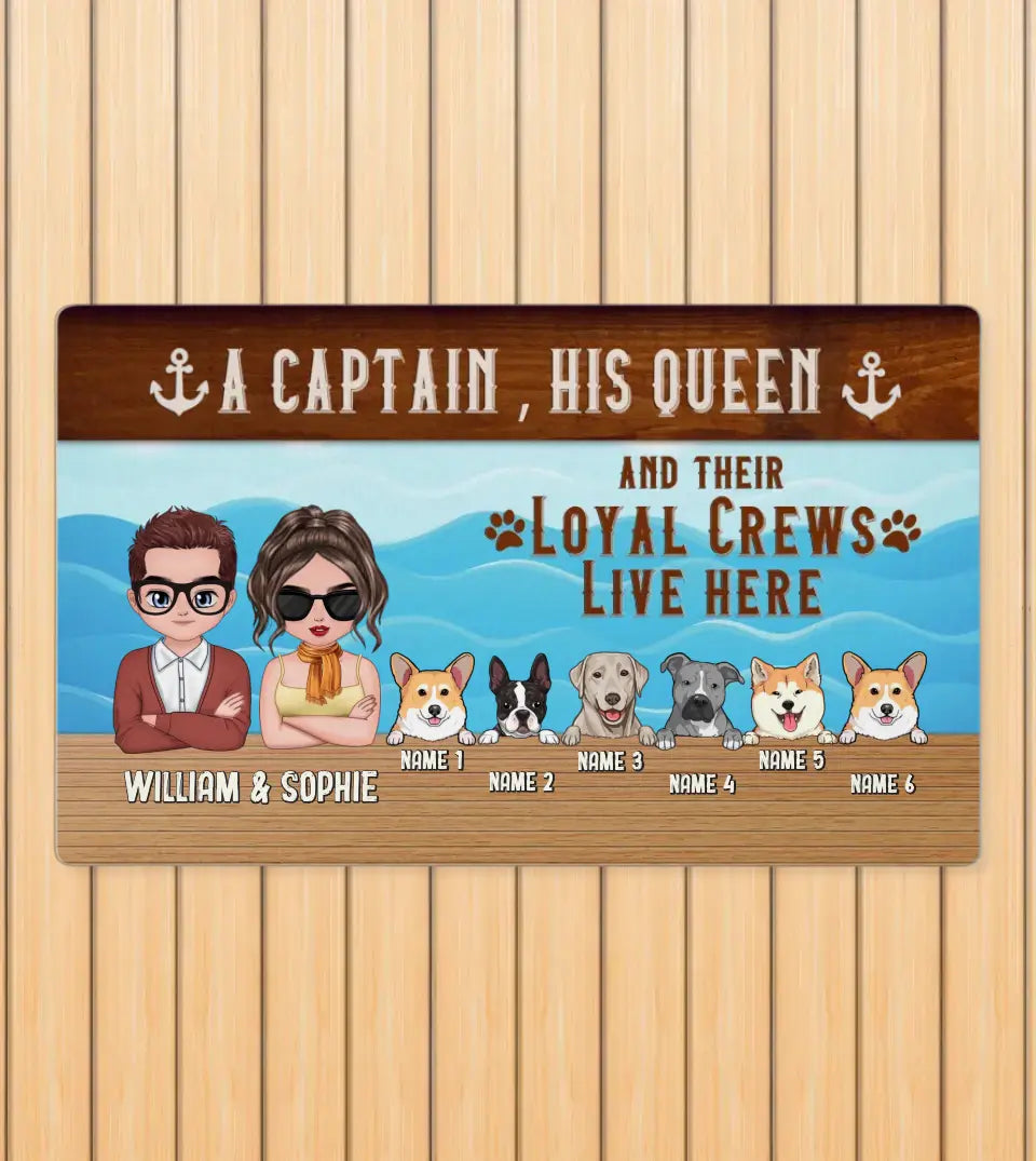 A unique, personalized doormat featuring a captain's hat, a crown, and dog paw prints, along with the playful quote 'A Captain, His Queen, and Their Loyal Crew Live Here'. This doormat is perfect for boat owners and dog lovers, making a warm and welcoming statement at the entrance of a boat, yacht, or home. It's a unique gift for pet lovers and a great way to celebrate your furry crew.