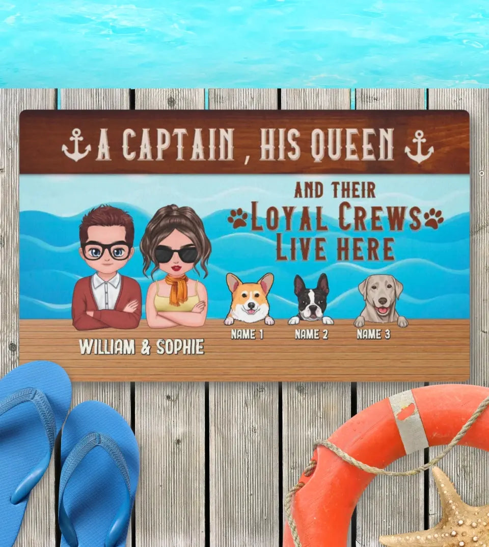 A unique, personalized doormat featuring a captain's hat, a crown, and dog paw prints, along with the playful quote 'A Captain, His Queen, and Their Loyal Crew Live Here'. This doormat is perfect for boat owners and dog lovers, making a warm and welcoming statement at the entrance of a boat, yacht, or home. It's a unique gift for pet lovers and a great way to celebrate your furry crew.