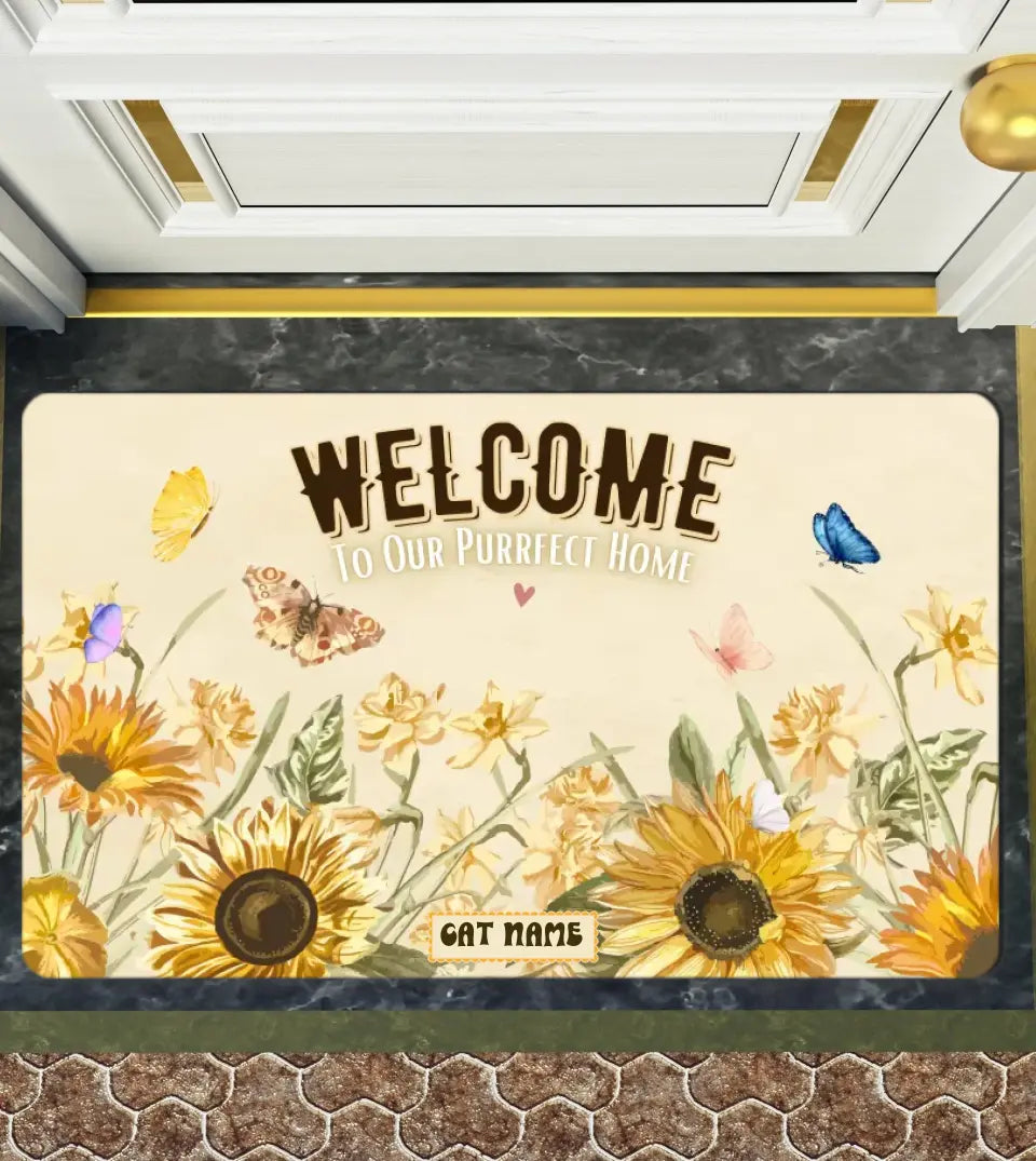 Welcome To Our Purrfect Home - Personalized Photo Upload Custom Pet Welcome Door Mat