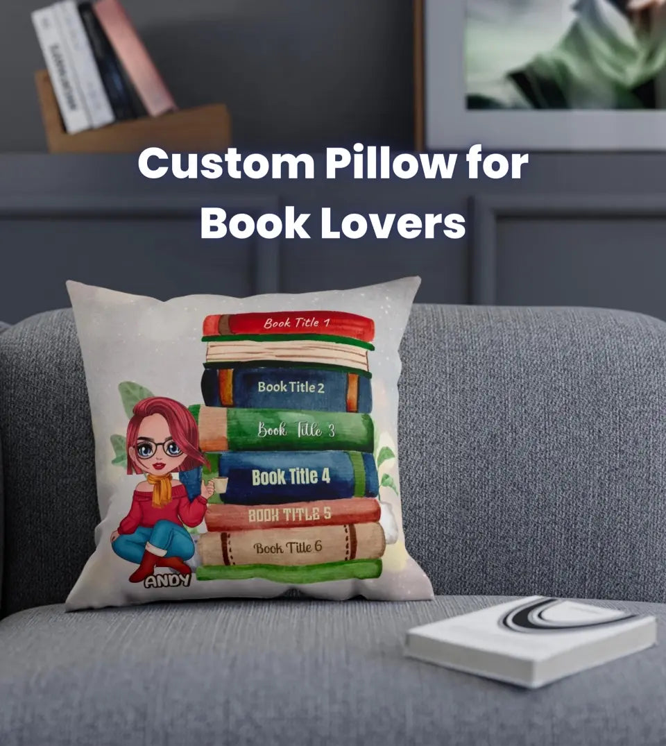 A unique personalized pillow showcasing a delightful illustration of a stack of books with custom titles. The pillow is in a vibrant shade of blue, adding a pop of color to any space. The unique design and personal touch make this pillow a perfect gift for book lovers, librarians, authors, and bookworms. Ideal for cozy reading nooks, libraries, living rooms, or bedrooms