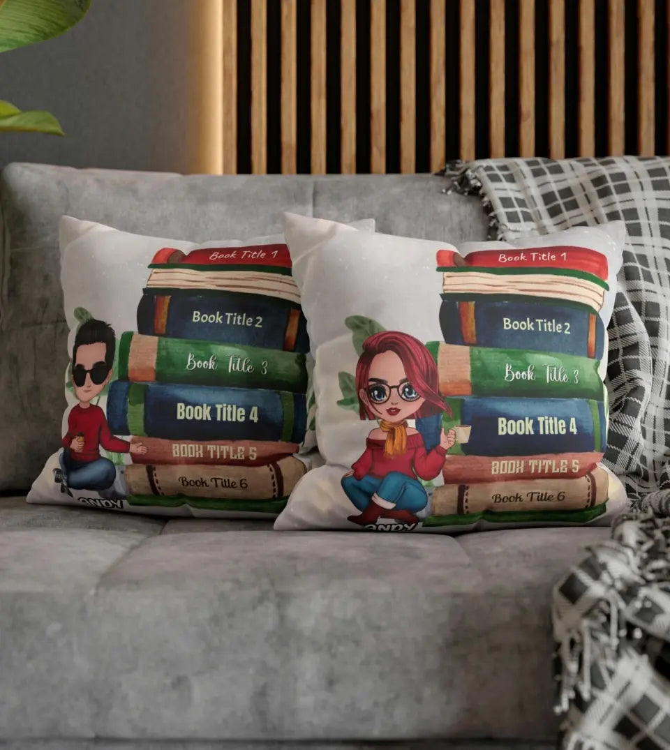 A unique personalized pillow showcasing a delightful illustration of a stack of books with custom titles. The pillow is in a vibrant shade of blue, adding a pop of color to any space. The unique design and personal touch make this pillow a perfect gift for book lovers, librarians, authors, and bookworms. Ideal for cozy reading nooks, libraries, living rooms, or bedrooms