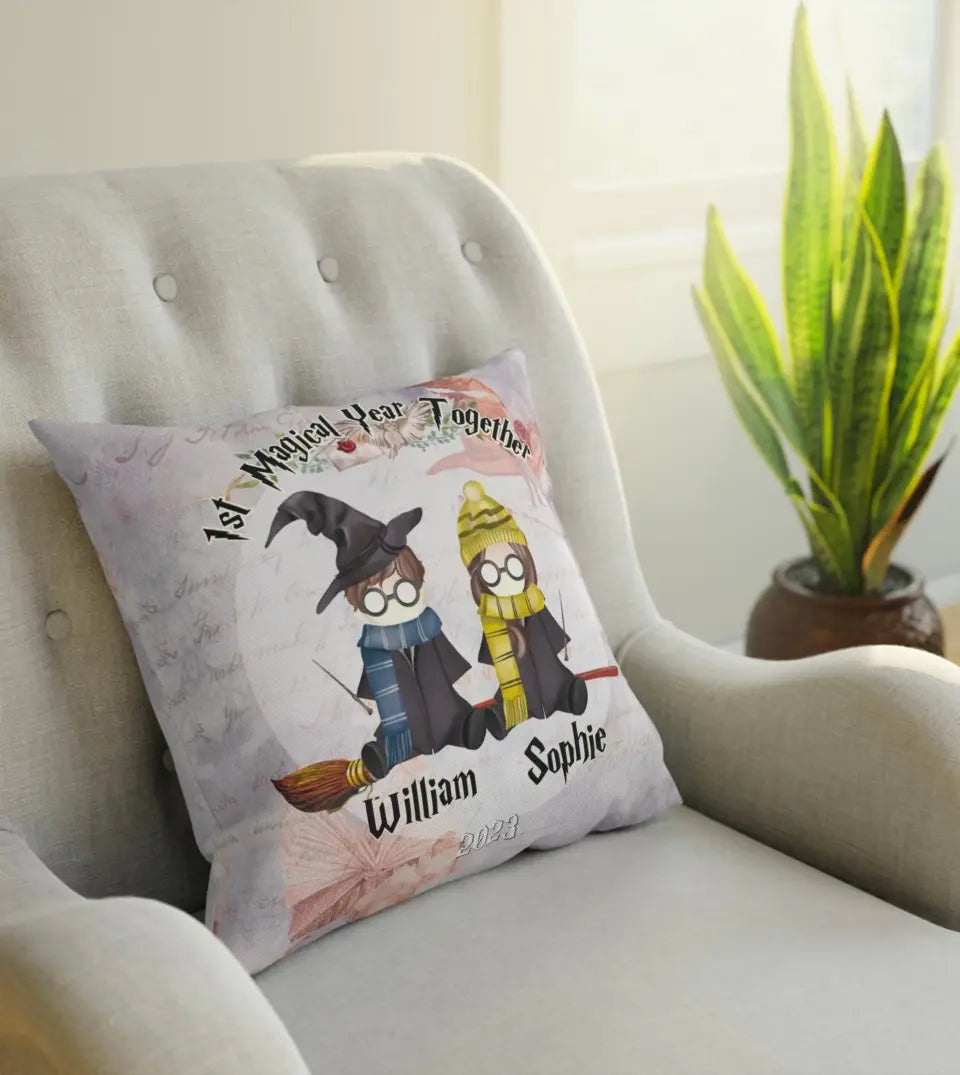 A personalized pillow showcasing a wizard couple design, with custom text and a vibrant color palette. The pillow is adorned with a unique design featuring a wizard couple, symbolizing a magical bond. The custom text adds a personal touch, making it a perfect home decor item for newlywed couples who are fans of wizardry and magic
