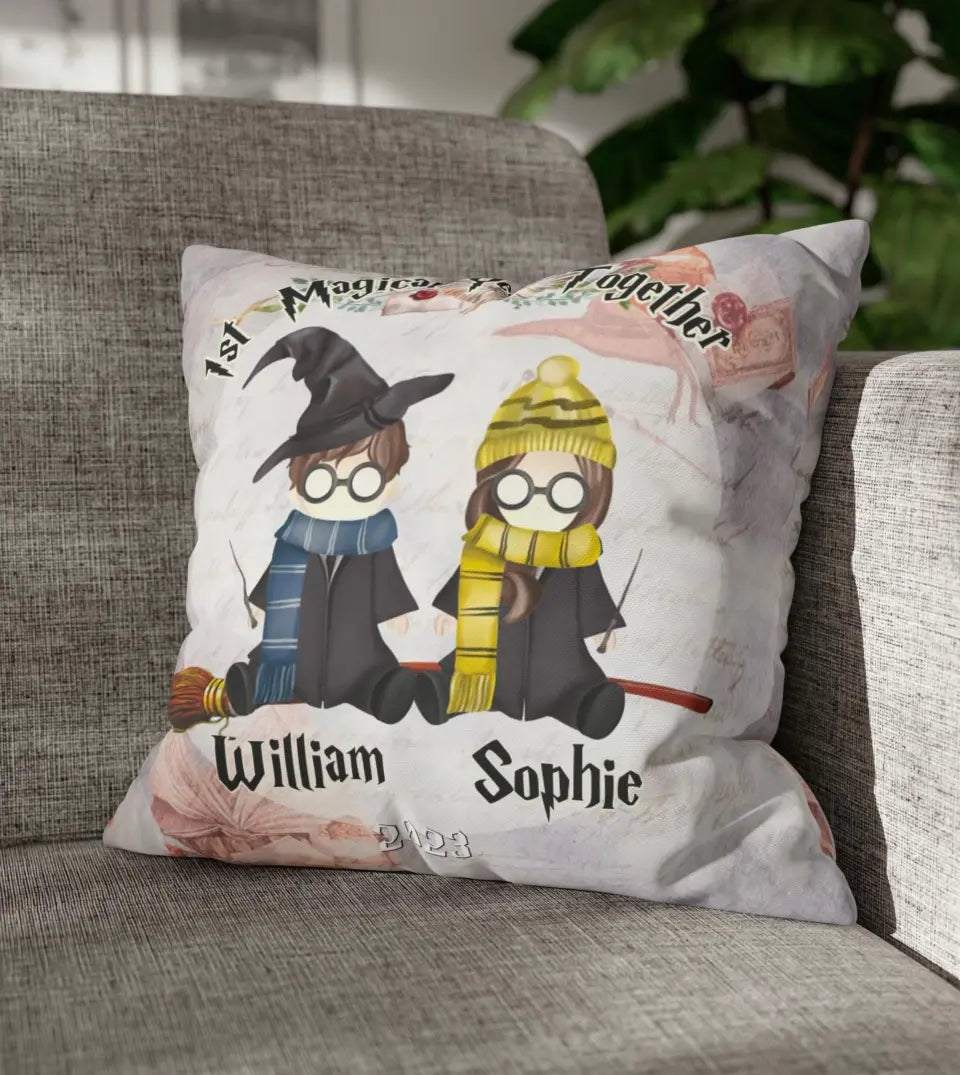 A personalized pillow showcasing a wizard couple design, with custom text and a vibrant color palette. The pillow is adorned with a unique design featuring a wizard couple, symbolizing a magical bond. The custom text adds a personal touch, making it a perfect home decor item for newlywed couples who are fans of wizardry and magic