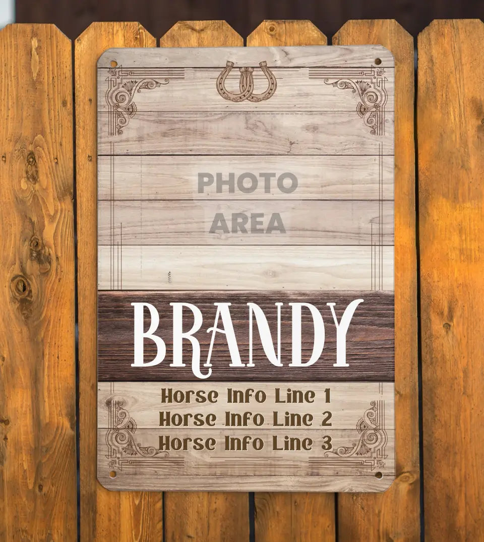 Customizable Horse Information Board by Starry Prints featuring a horse's photo, name, breed, and honors on a vertical aluminum metal plate