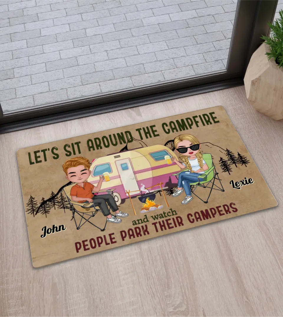 Personalized 'Sit Around The Campfire' chibi camping doormat from Starry Prints, perfect for happy campers and adventure seekers. This indoor and outdoor mat features a customizable camping scene with options for different pet types